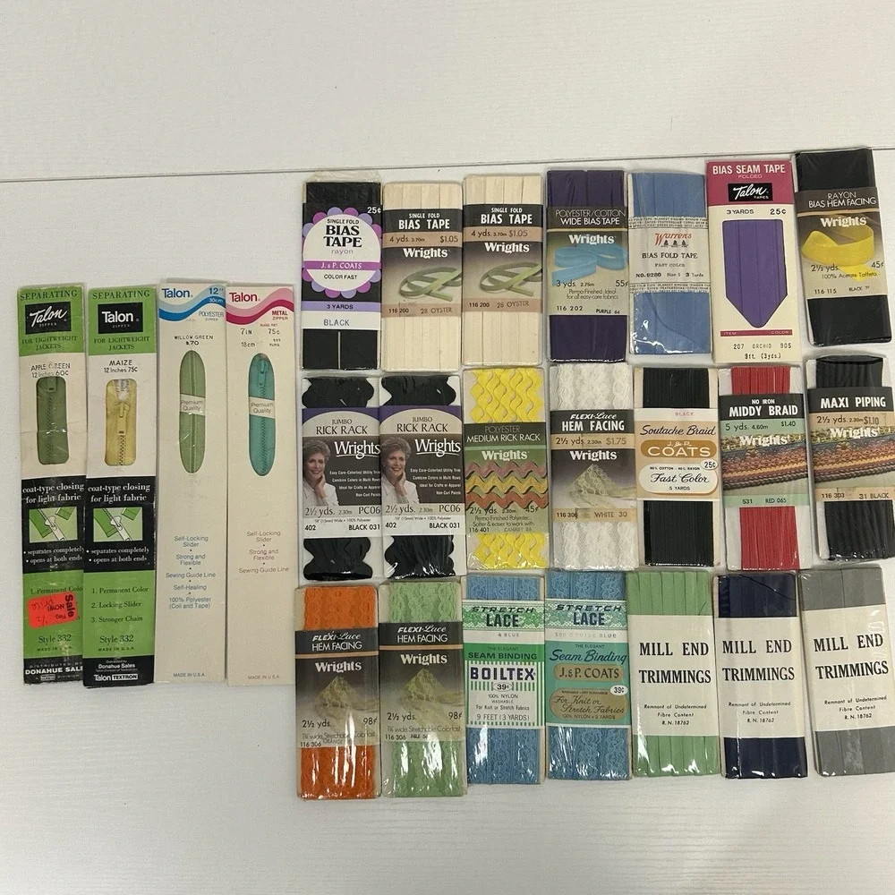 Lot of 25 Vintage Zippers, Bias Tape, Stretch Lace, Rick Rack & More Variety NEW